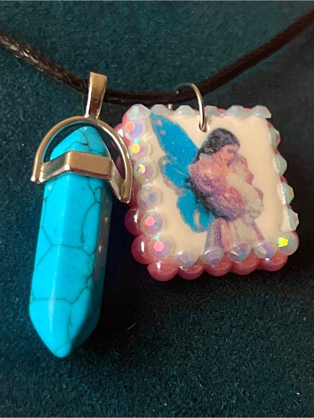 Pink + Blue Fairy Charm Necklace | Polymer Clay Pendant + Blue Gem